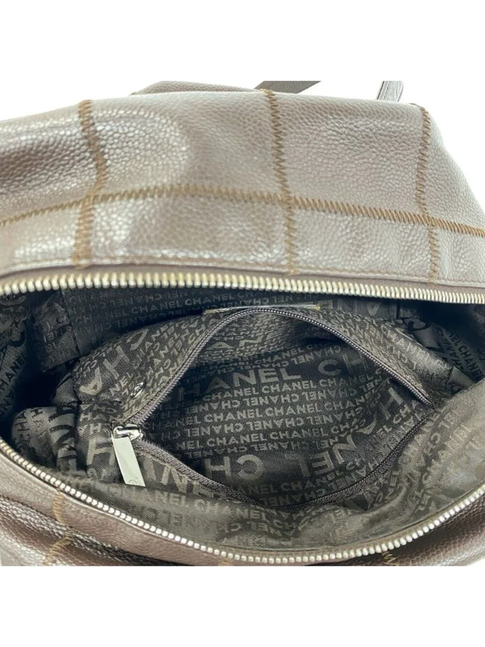 Chanel Choco Bar Logo Caviar Leather Shoulder Bag Brown